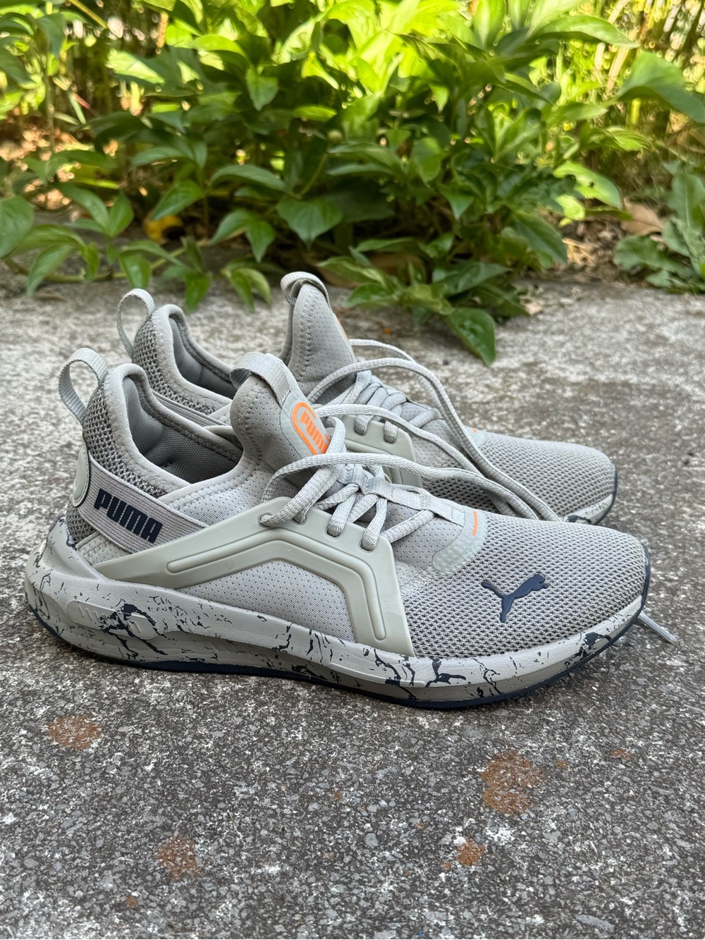 Puma Unisex Child Softride Enzo Shoes - Grey Mesh Sneakers with Orange Accents